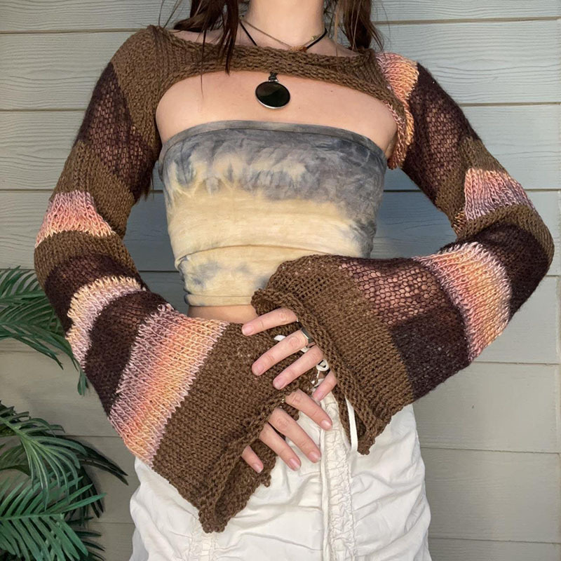 Color-Block Flared-Sleeve Cropped Knit Top