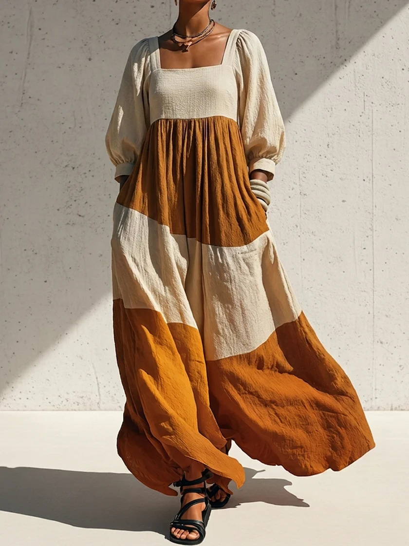 Color-Block Square-Neck Long Sleeve Cotton-Linen Dress