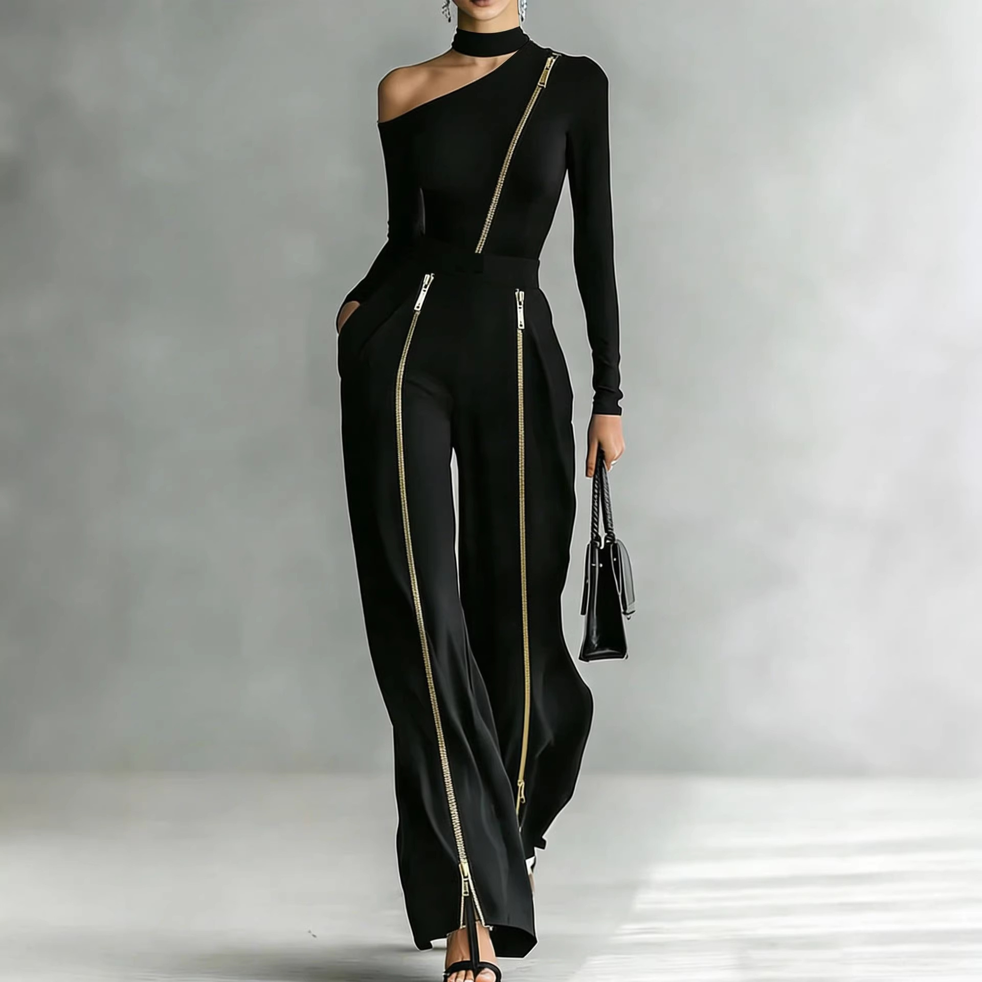 Women's Two-Piece Pants Set with Double-Zip Pants and Off-Shoulder Long-Sleeve Top