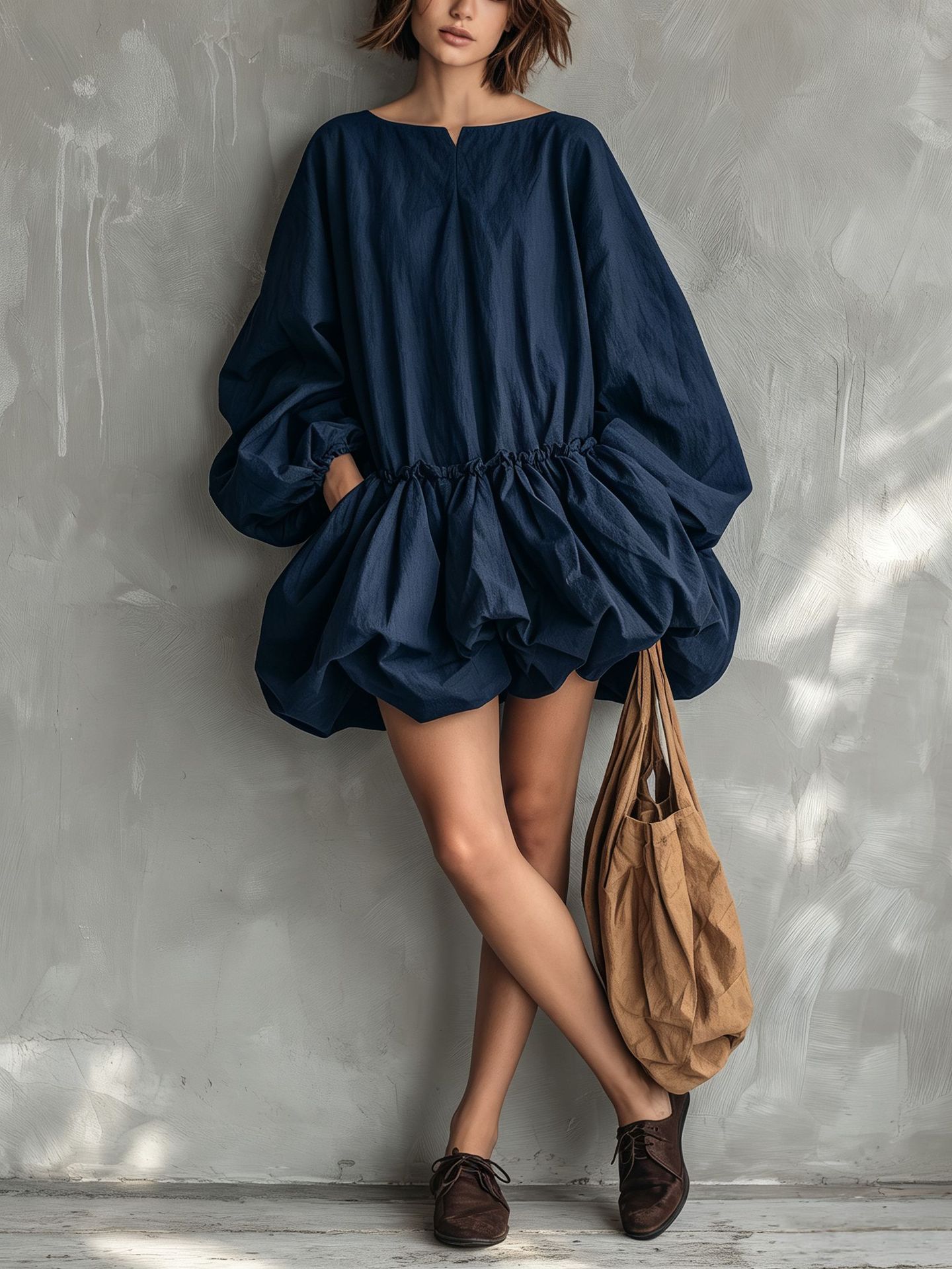 Solid Crewneck Puff Sleeve Long Sleeve Cinched Waist Bubble Dress