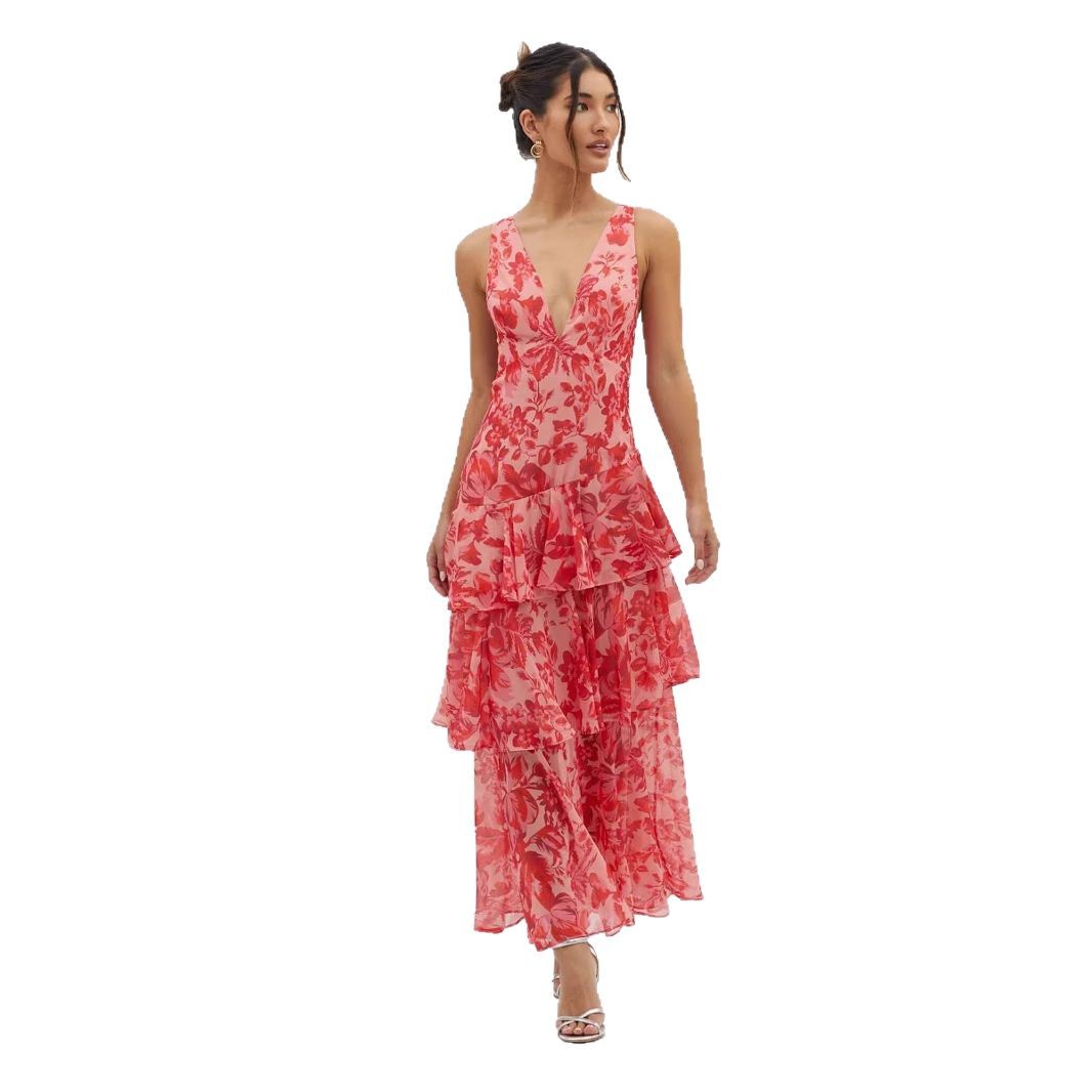 Women's Halter Neck Chiffon Dress Slim Fit Ruffle Hem