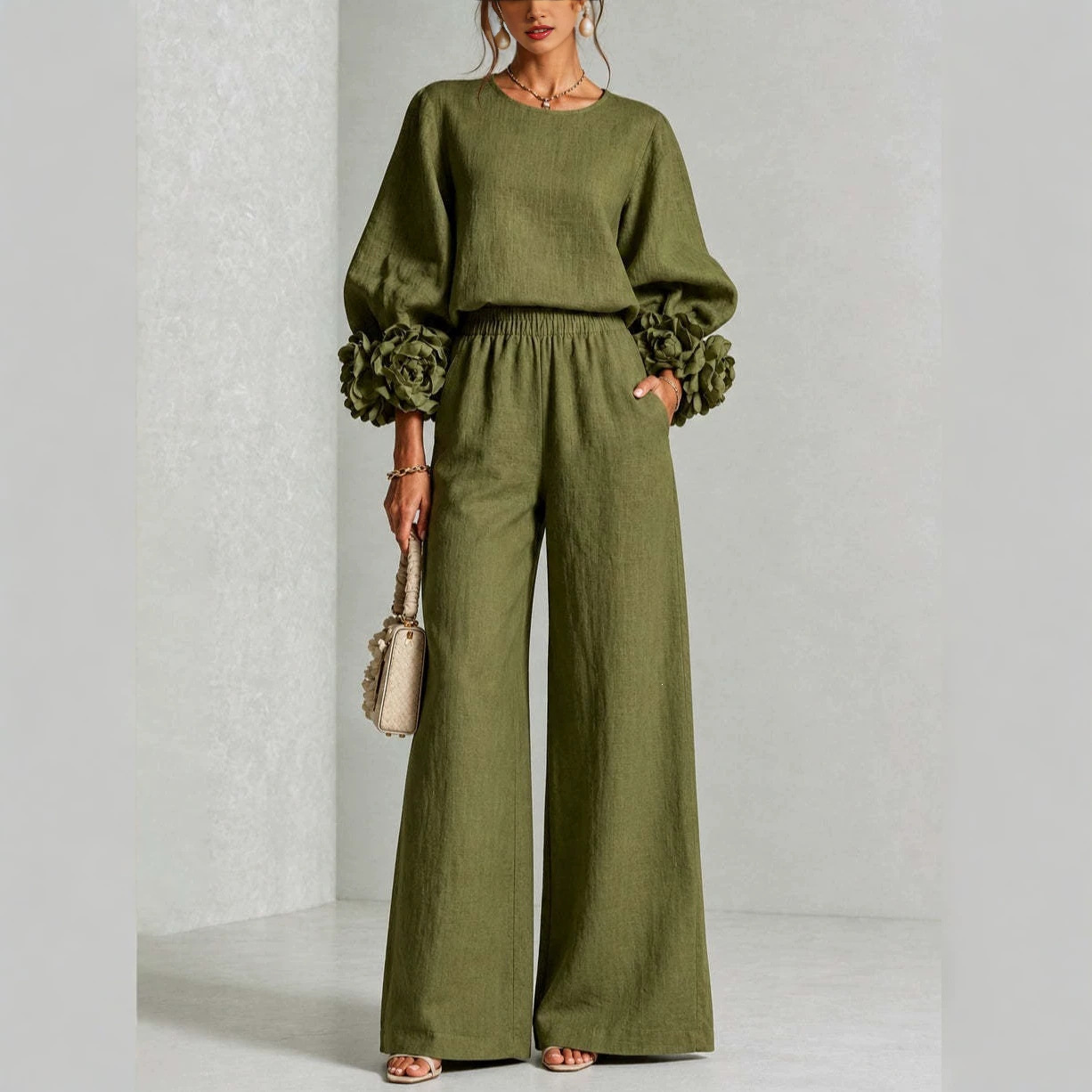 Rose Cuff Lantern Sleeve Top & High-Waist Wide-Leg Pants Set