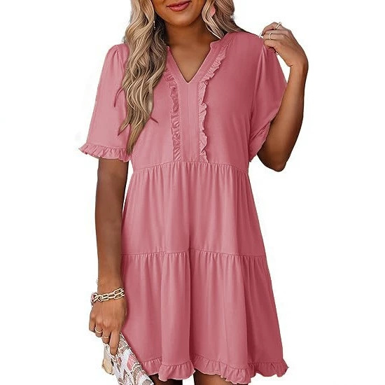 Women's Loose V-Neck Short Sleeve Ruffle Hem Casual Dress