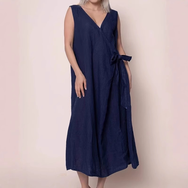 Women's Summer Loose Tie-Front Sleeveless Solid Cotton-Blend Dress