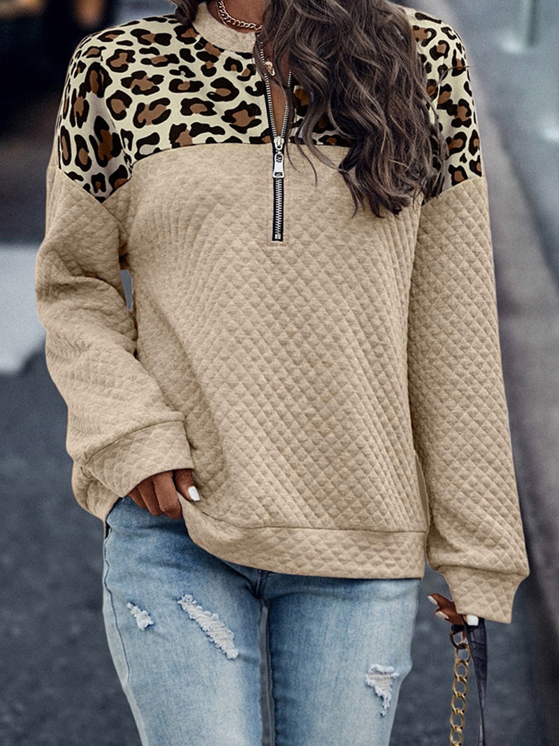 Leopard Print Patchwork Drop Shoulder Zip Hoodie for Women