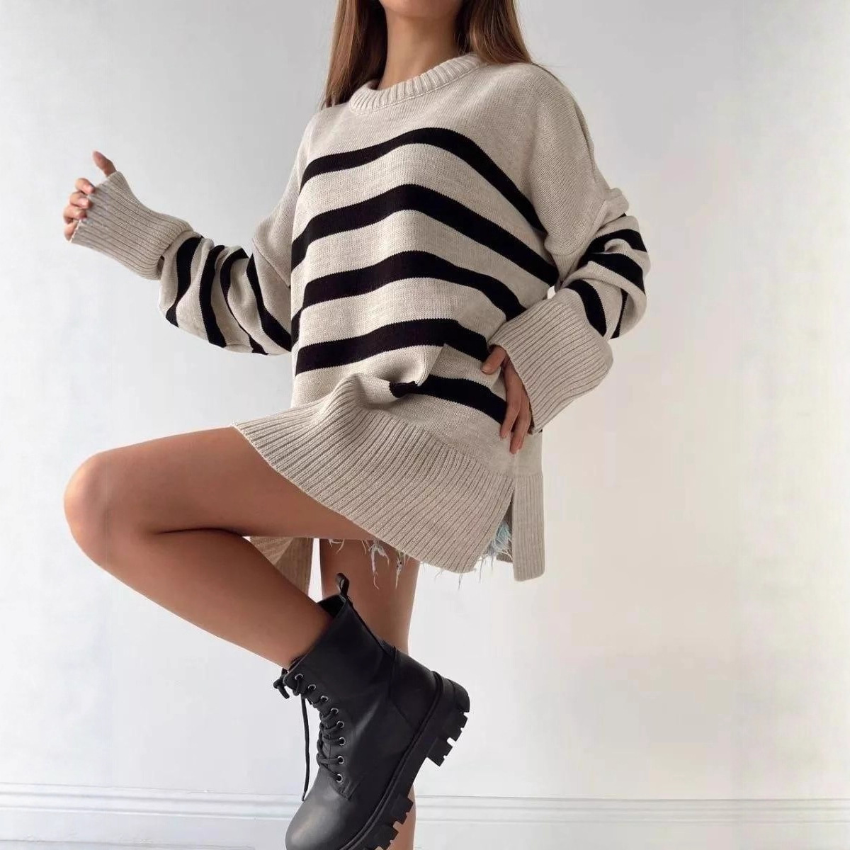 Women's Striped Knit Sweater Crewneck Loose Pullover