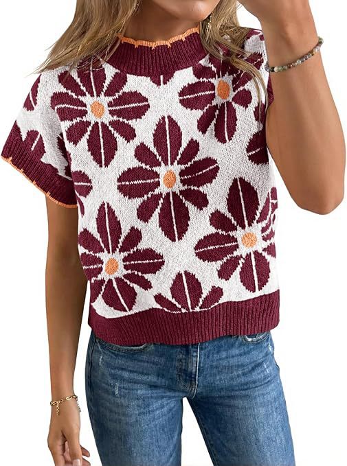 Women's Floral Knit Short Sleeve Sweater Vintage Crew Neck Loose Summer Pullover