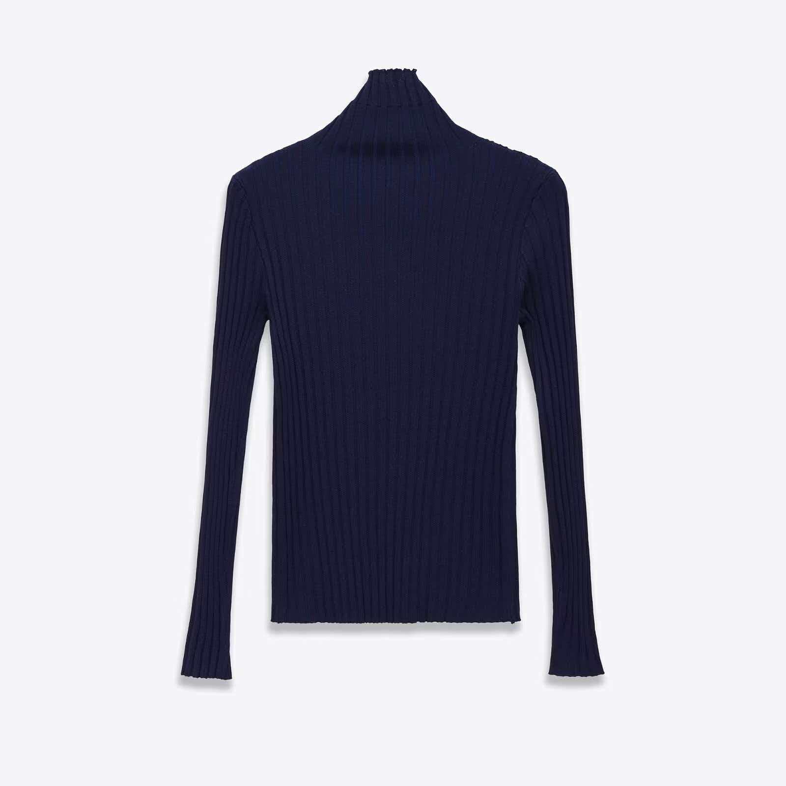 Navy High-Neck Ribbed Knit Sweater
