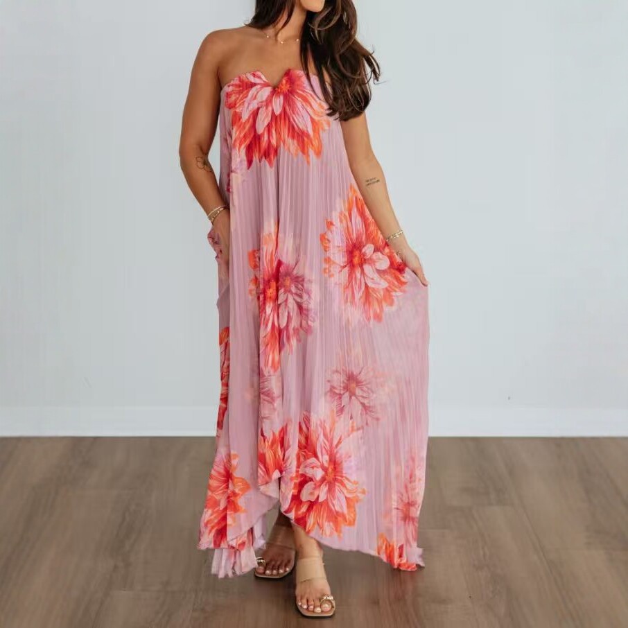Pink Orange-Red Floral Strapless Pleated Maxi Dress