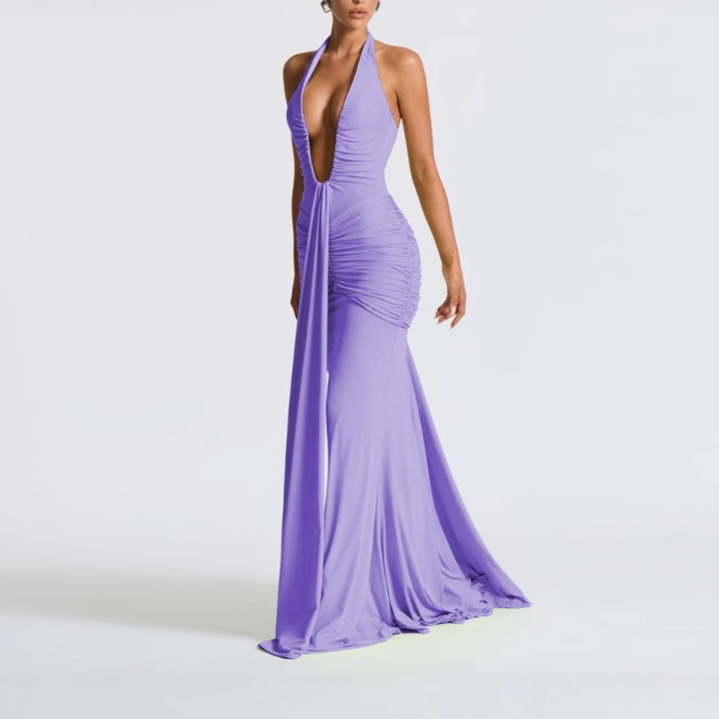 Elegant Solid Halter Deep V Mermaid Maxi Dress with Open Back and Sash