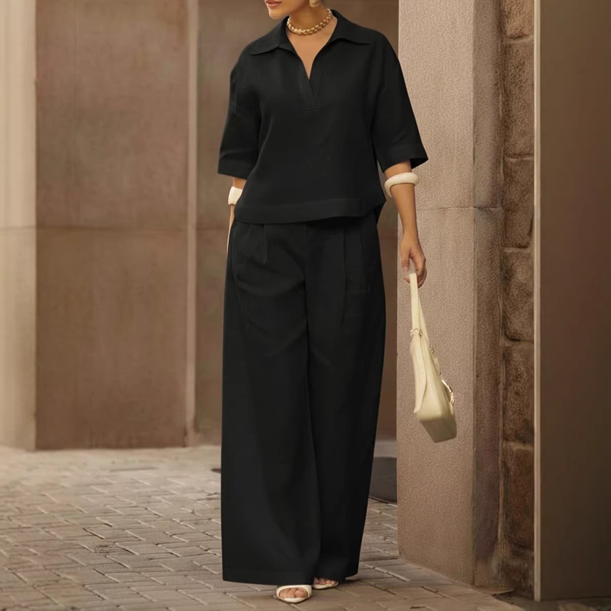 Women's Solid Color Two-Piece Wide-Leg Pants Set Slimming Versatile