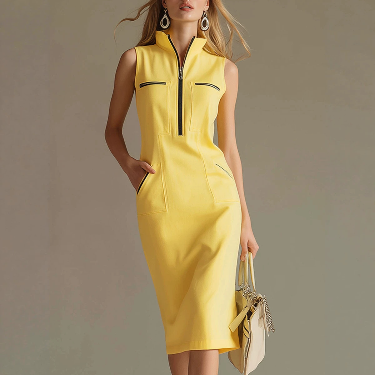 Elegant Colorblock Zip Stand Collar Midi Dress Women's Slim A-Line