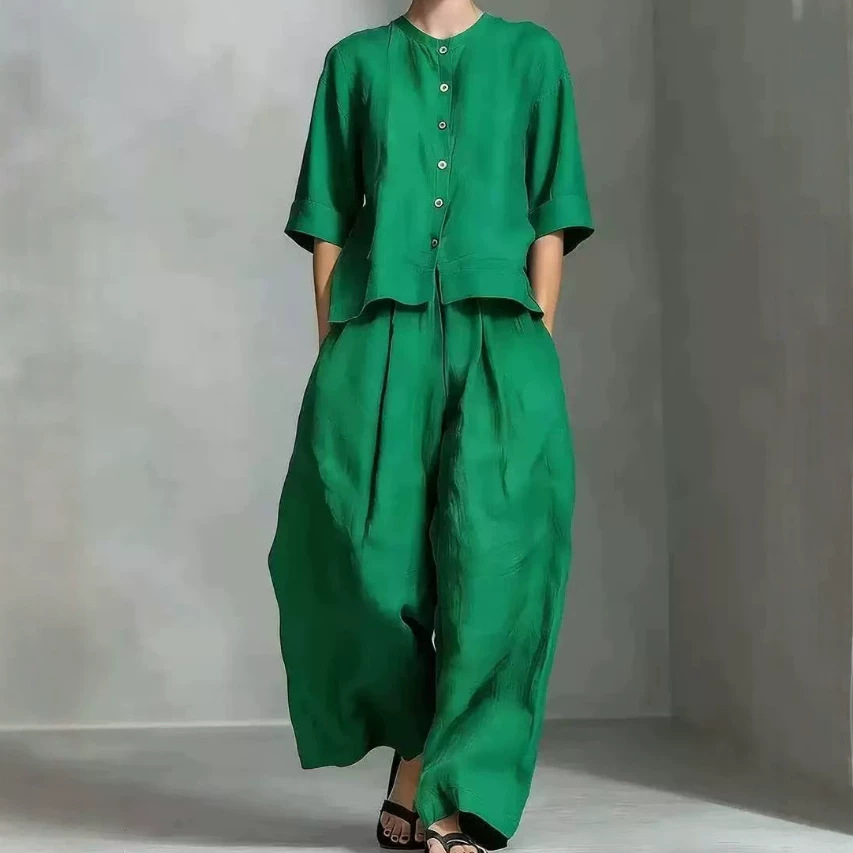 Women's Casual Solid Cotton-Linen Shirt and Loose Pants Two-Piece Set