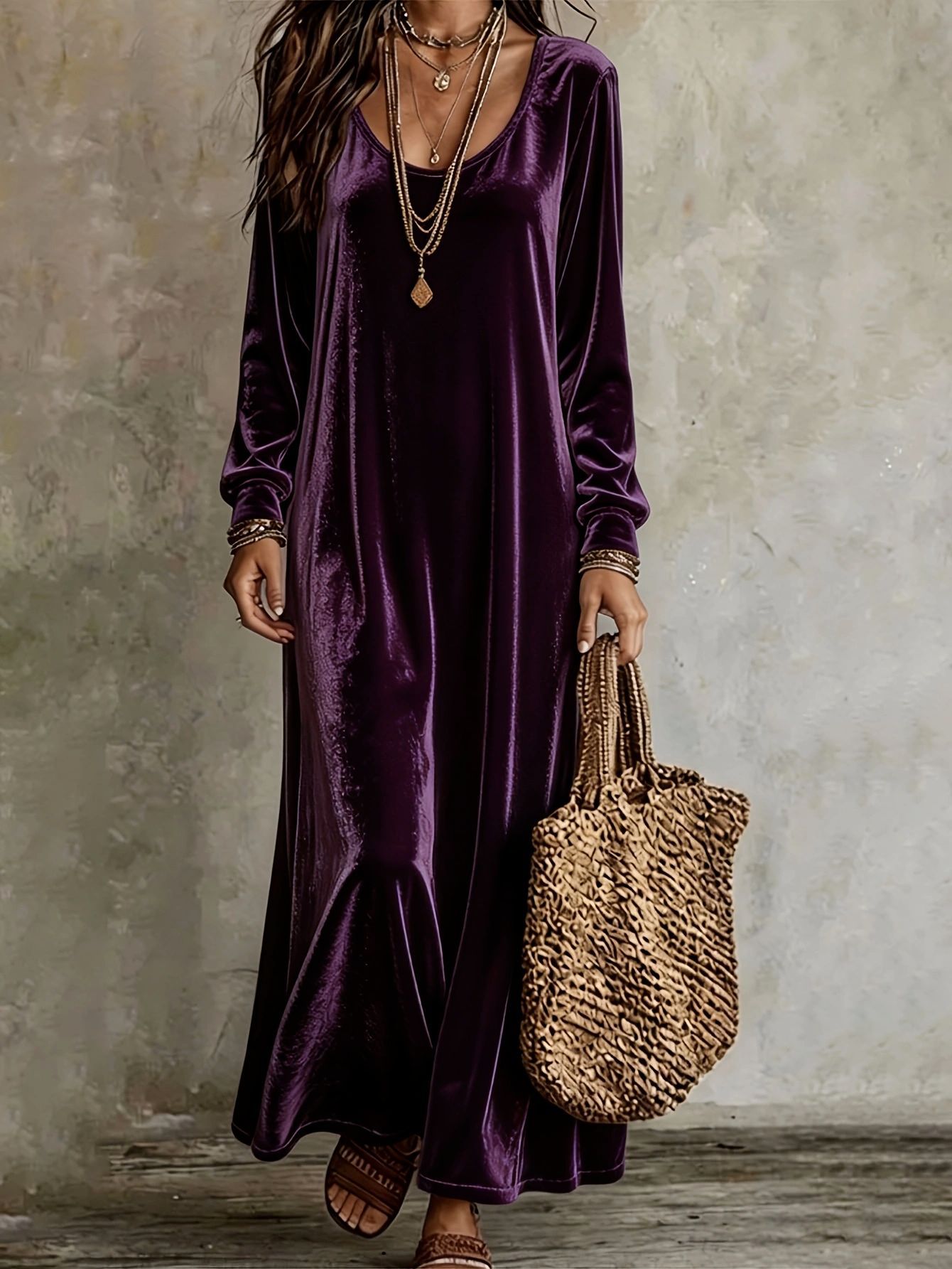 (Annuo Self-Developed) 2026 Women's Velvet Dress for Amazon and Independent Sites, Elegant Long-Sleeve Long Dress