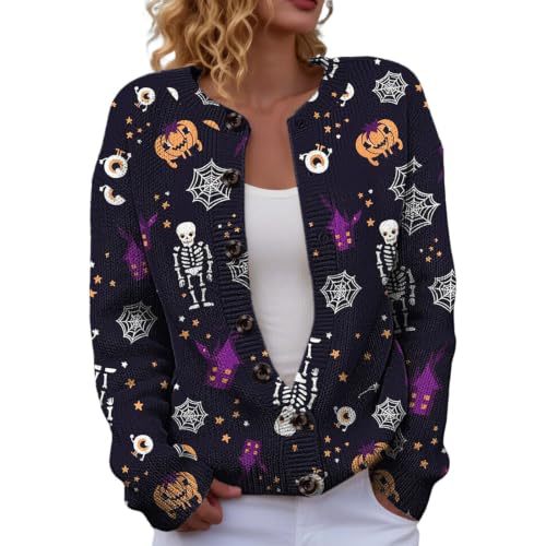 Halloween Pumpkin Castle Print Faux Knit Cardigan for Women