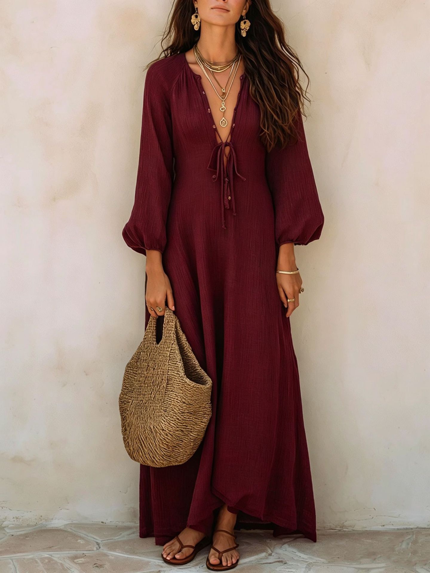 Deep V-Neck Tie-Front Textured Bubble Sleeve Boho Maxi Dress