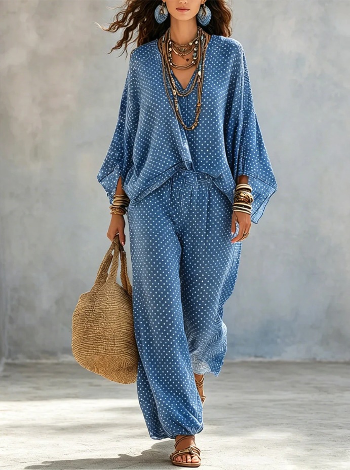 Women's Artistic Two-Piece Set with Crew Neck, Batwing Sleeves, and Wide-Leg Pants