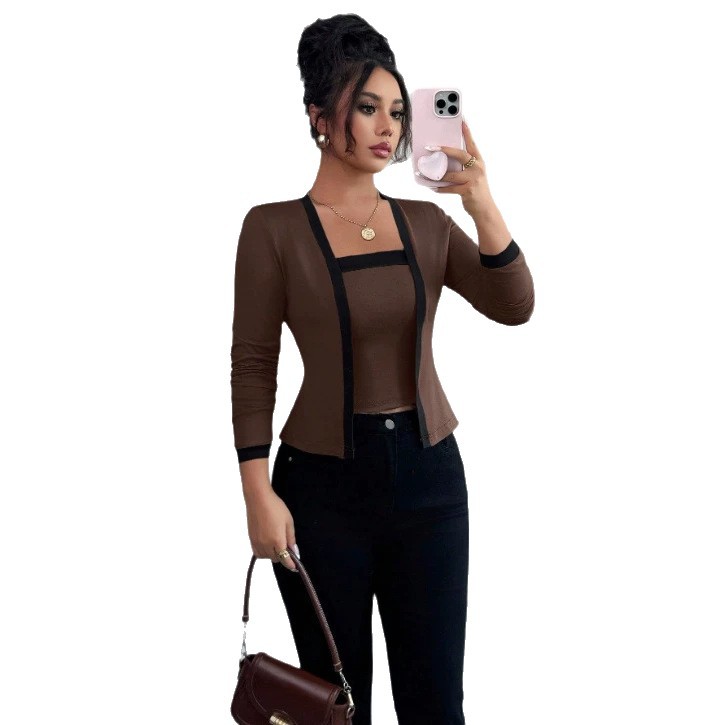 Women's Knit Patchwork Cardigan Jacket and Vest Two-Piece Set