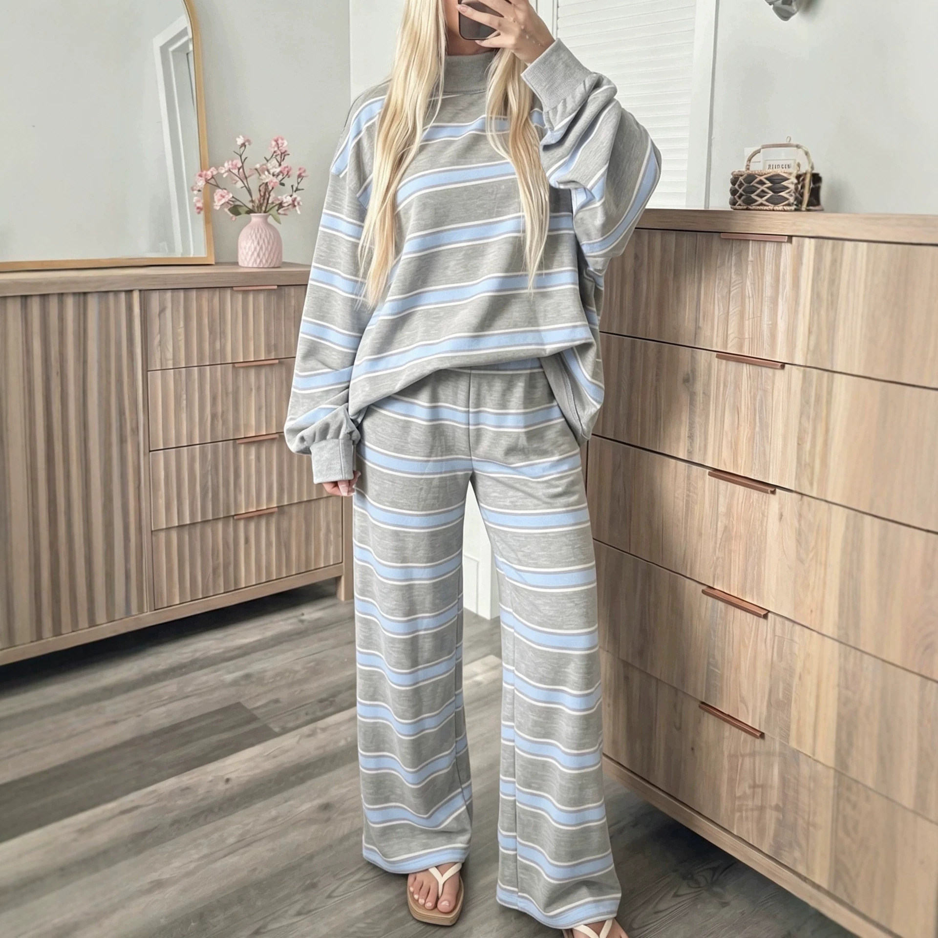 Striped Print Two-Piece Women's Casual Set Long Sleeve Crew Neck