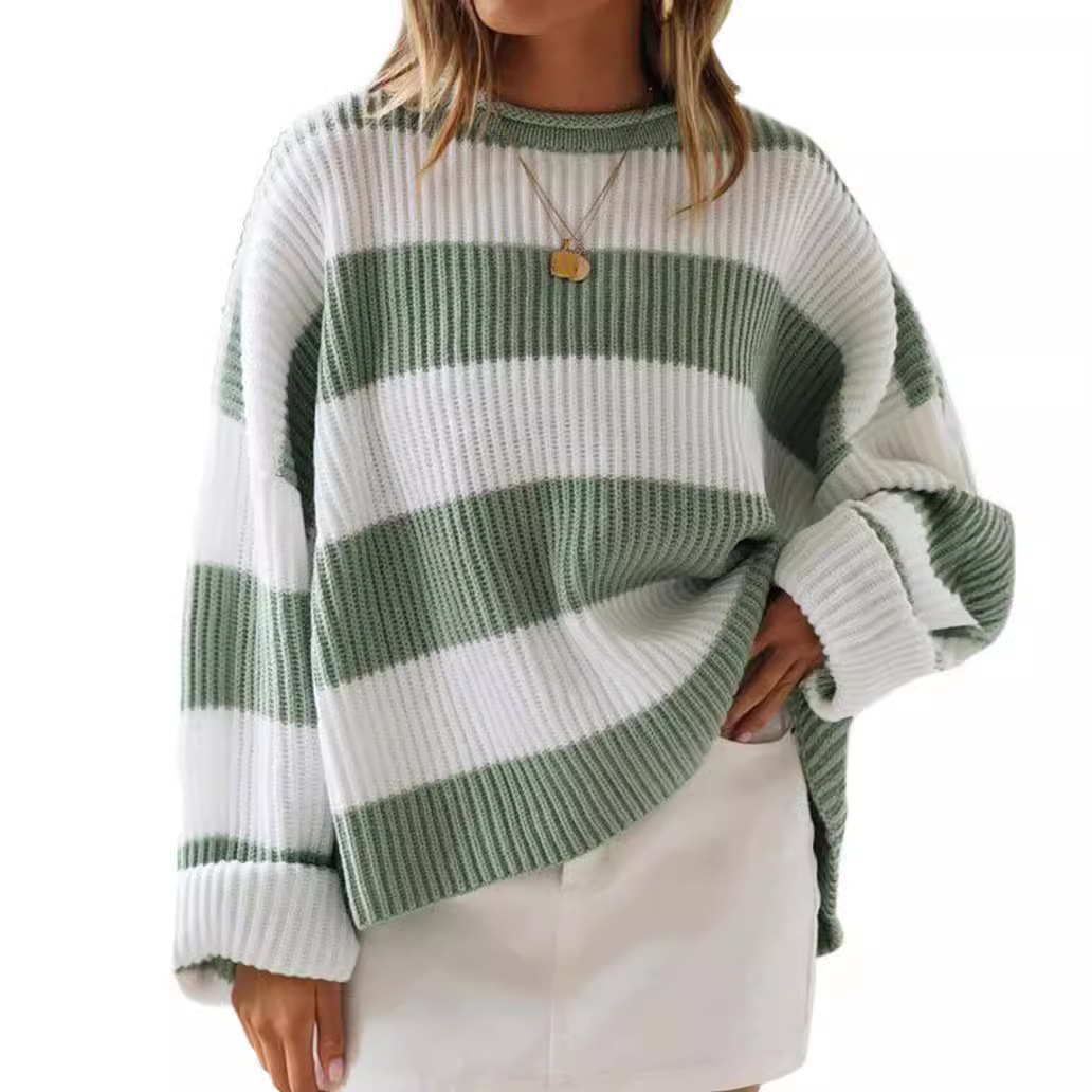 Striped Crewneck Long-Sleeve Knit Sweater