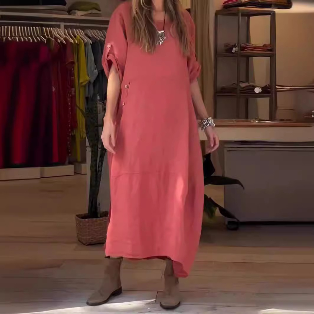 Women's Summer Loose Casual Solid Short Sleeve Cotton Linen Dress