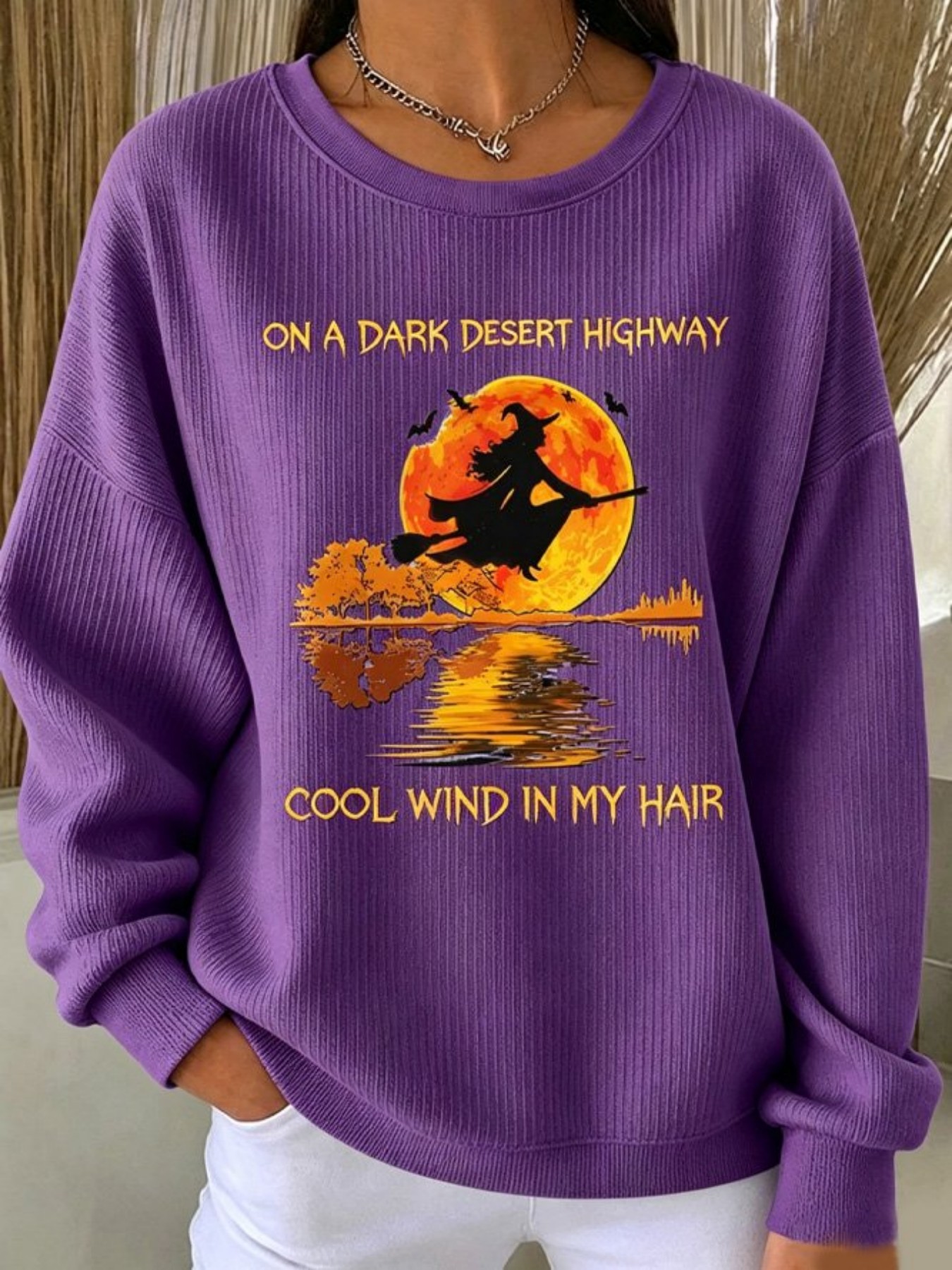 Halloween Witch Broom Print Crewneck Long-Sleeve Pullover Sweatshirt