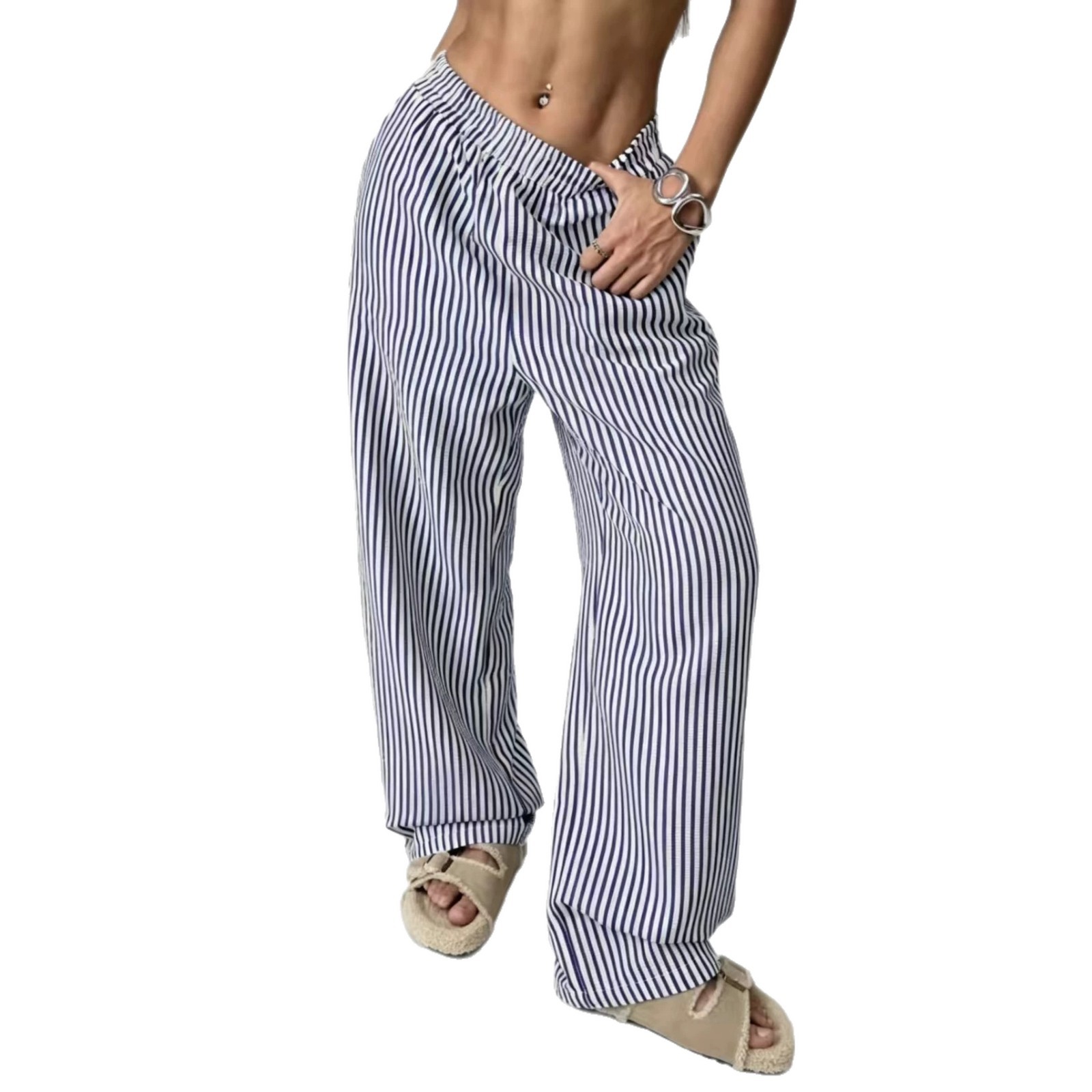 Striped Relaxed Elastic Waist Straight-Leg Pants with Pockets