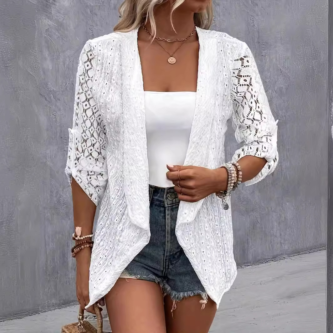 Women's Plus Size Lace Knit Cardigan V-Neck Long Sleeve Cover-Up