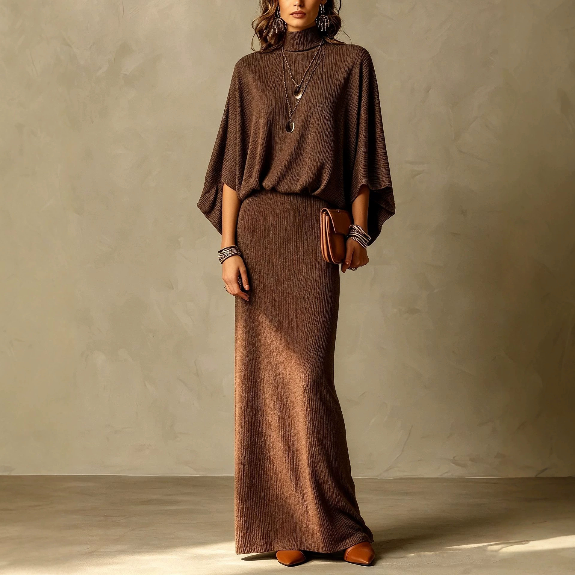 Solid Ribbed Batwing Sleeve Two-Piece Skirt Set Slimming Casual