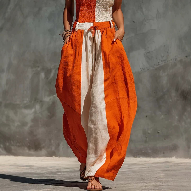 Strapless Orange and Cream Colorblock Cotton Linen Jumpsuit
