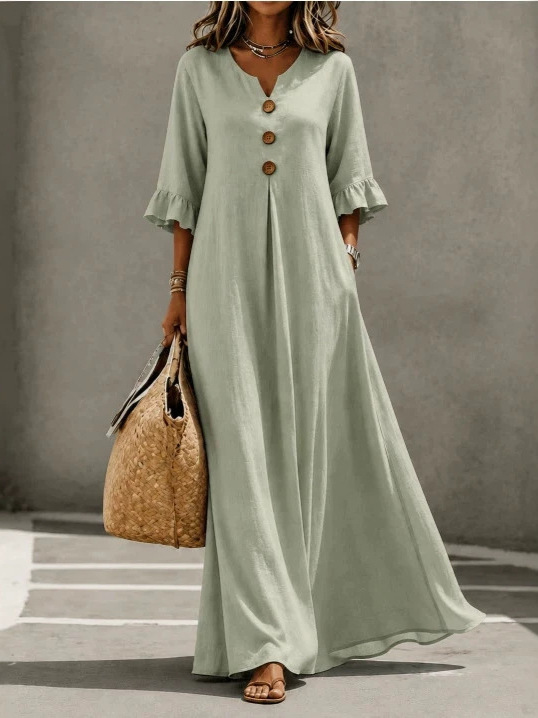 Women's V-Neck 3/4 Sleeve Cotton-Blend Long A-Line Dress