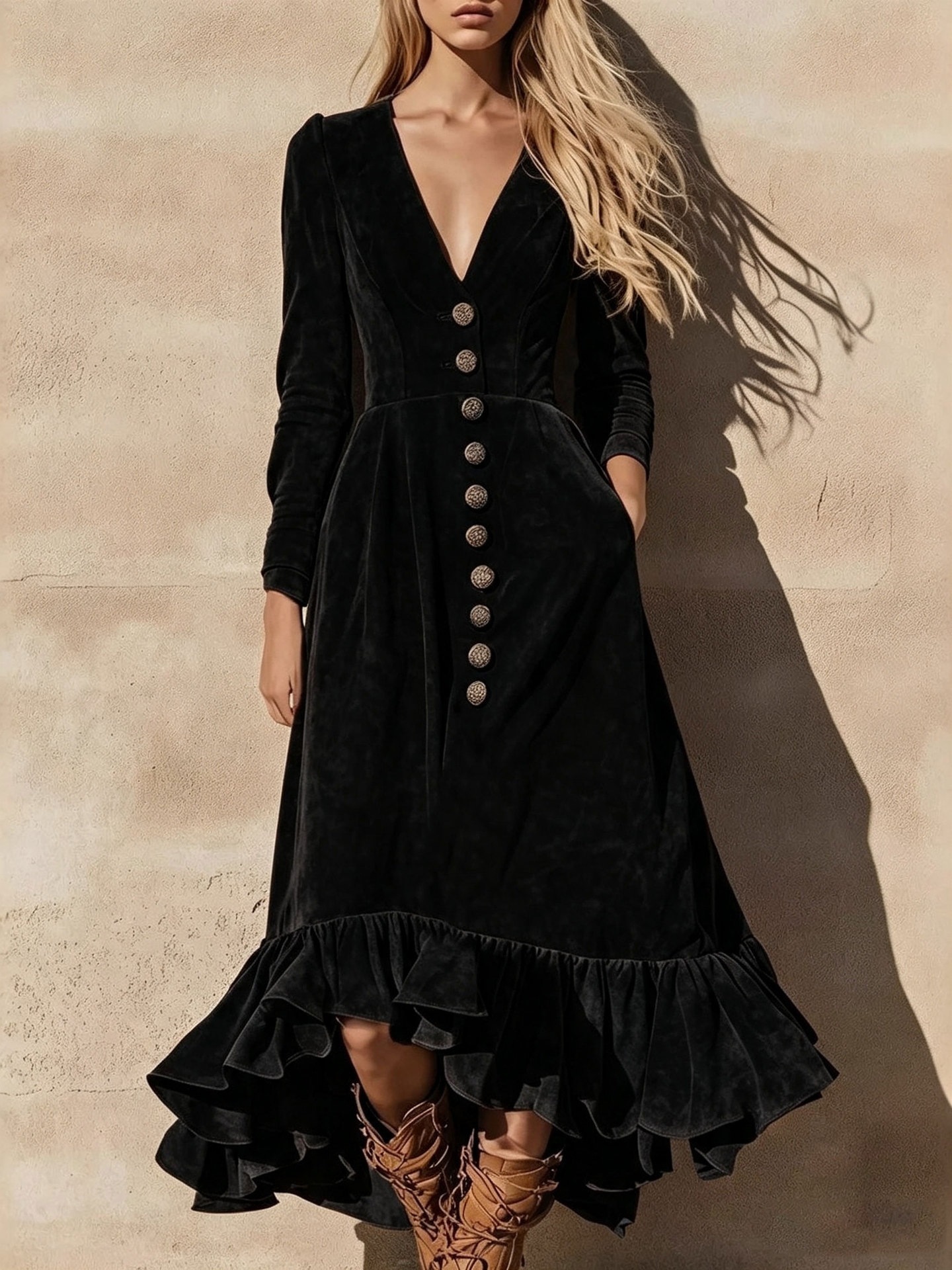 Western Vintage Velvet V-Neck Buttoned Waist Ruffle Maxi Dress