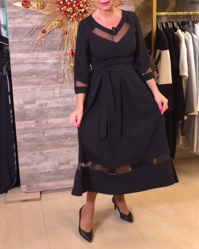 Women's Long Sleeve V-Neck Mesh Panel Waist-Cinched Solid Dress