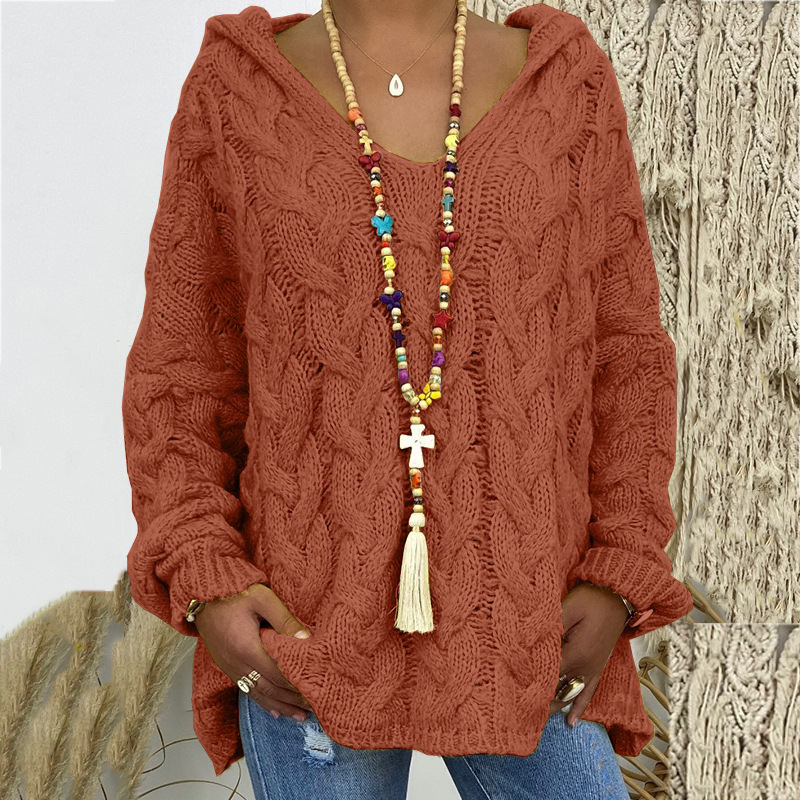 Women's Cable-Knit Hooded Sweater, Pure Color Pullover
