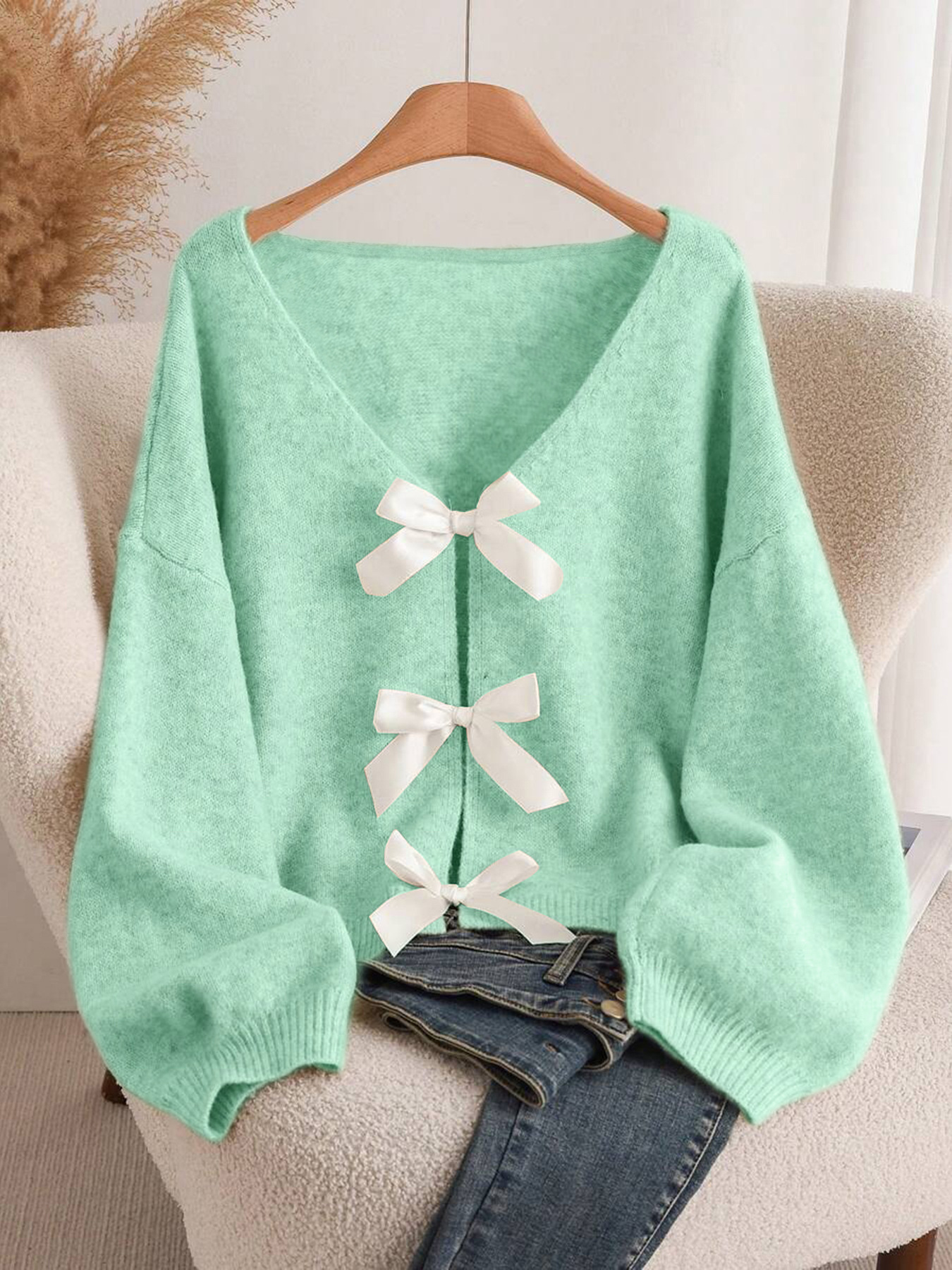 Bow Knit Cardigan Loose Slouchy Sweater