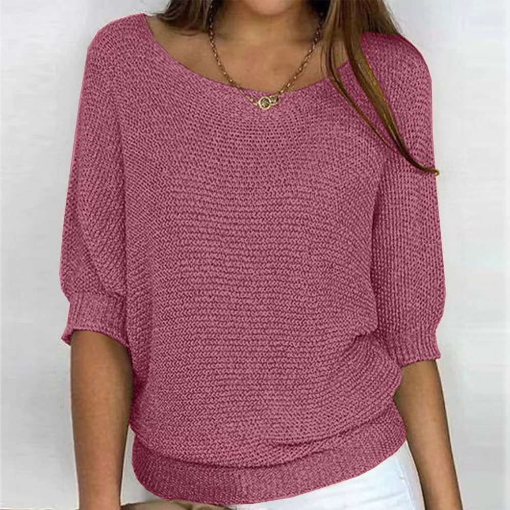 Women's Solid Crewneck Knit Top with Three-Quarter Sleeves