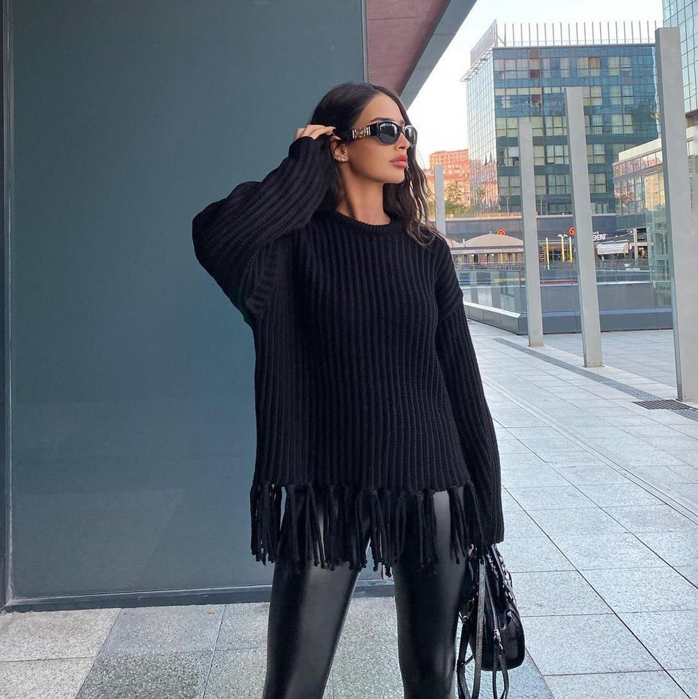 Fringe Sweater Women's Thick Loose Casual Solid Color Long Sleeve Knit Top