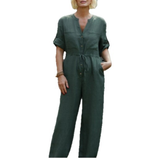 Women's Solid V-Neck Cotton-Linen Jumpsuit with Tie