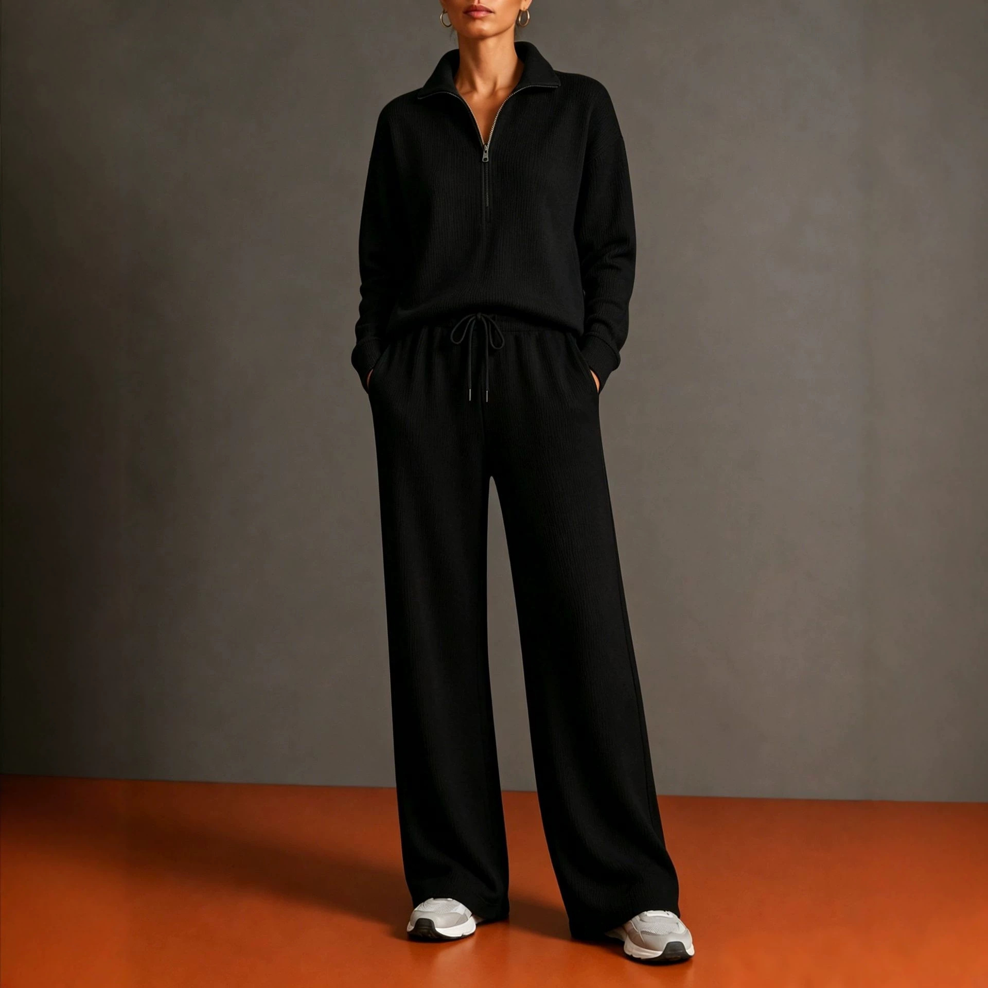 2026 New Amazon Autumn/Winter Women's Tracksuit Half-Turtleneck Zip Hoodie Wide-Leg Pants Set