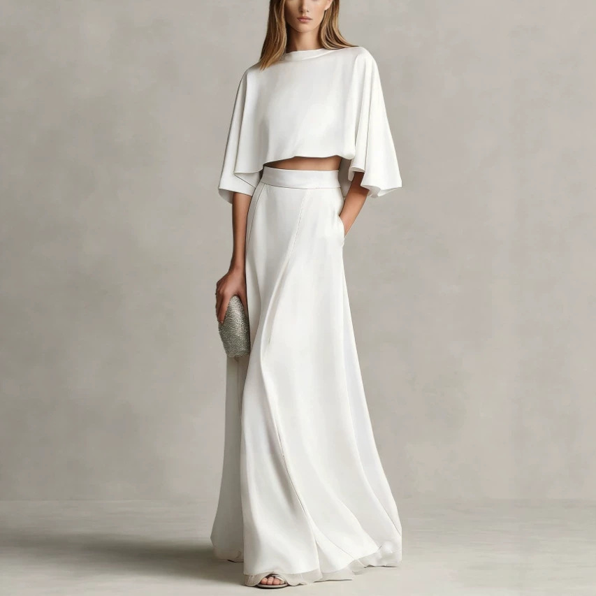 Women's Satin Cape-Sleeve Long Dress Set Elegant Luxury Style