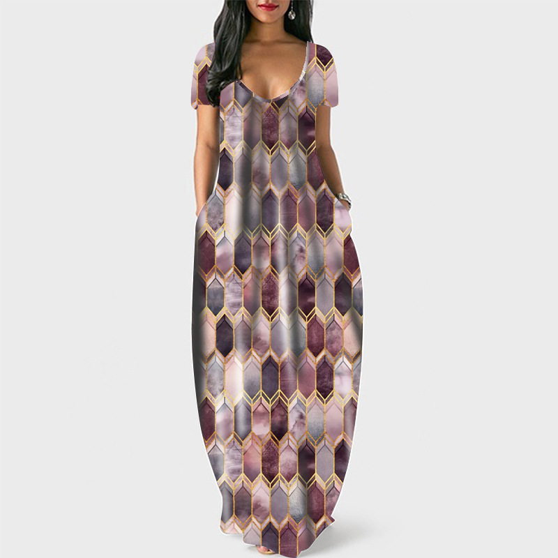 Women's Round Neck Short Sleeve Pocket Geometric Print A-Line Midi Dress