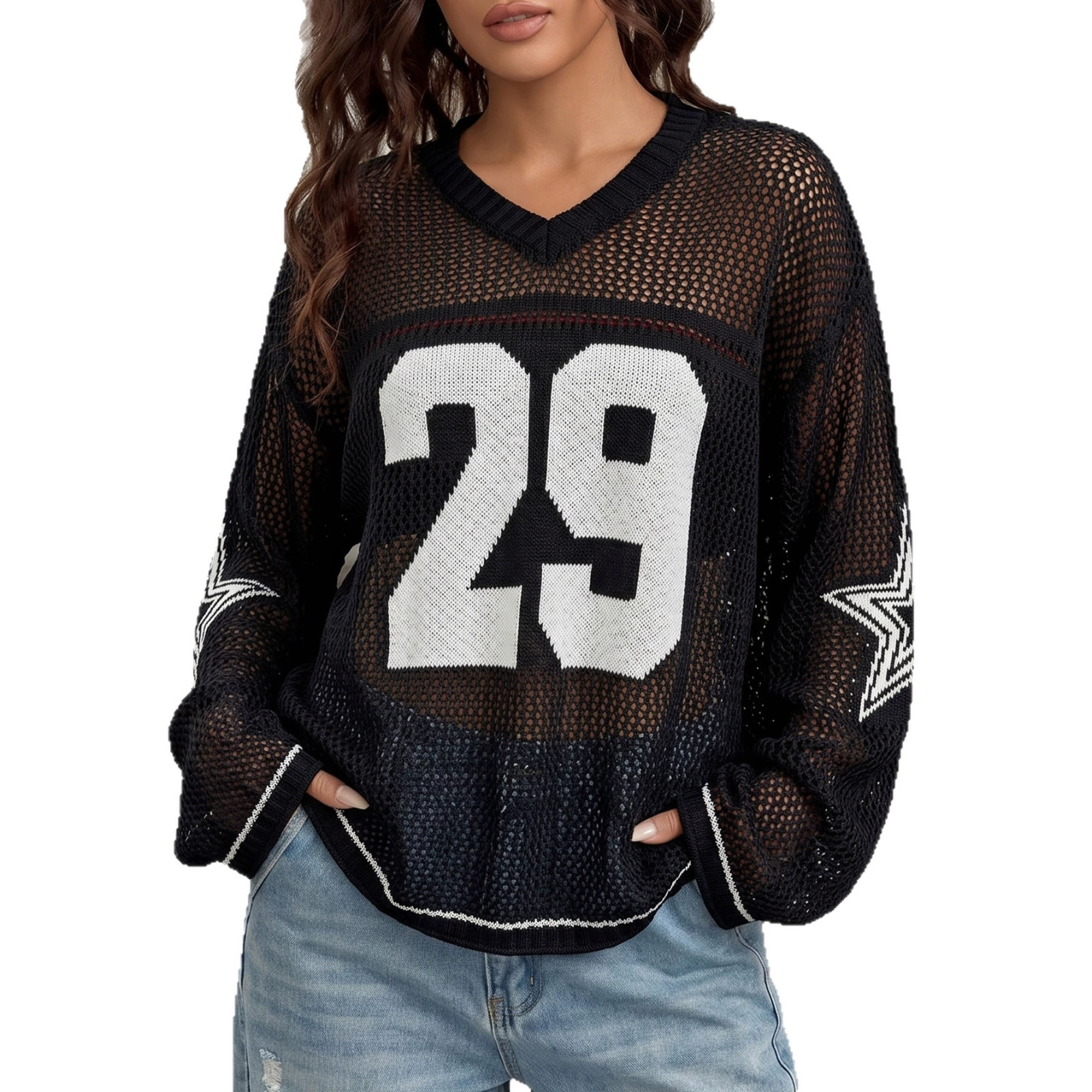 Women's Sheer Open-Knit V-Neck Long-Sleeve Jersey Cover-Up Tee