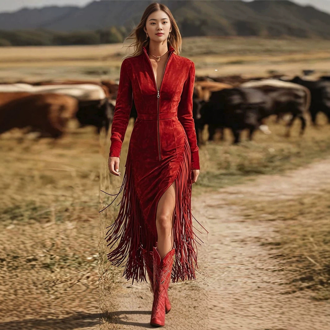 Women's Western Faux Suede Fringe Midi Dress with Stand Collar and Zip