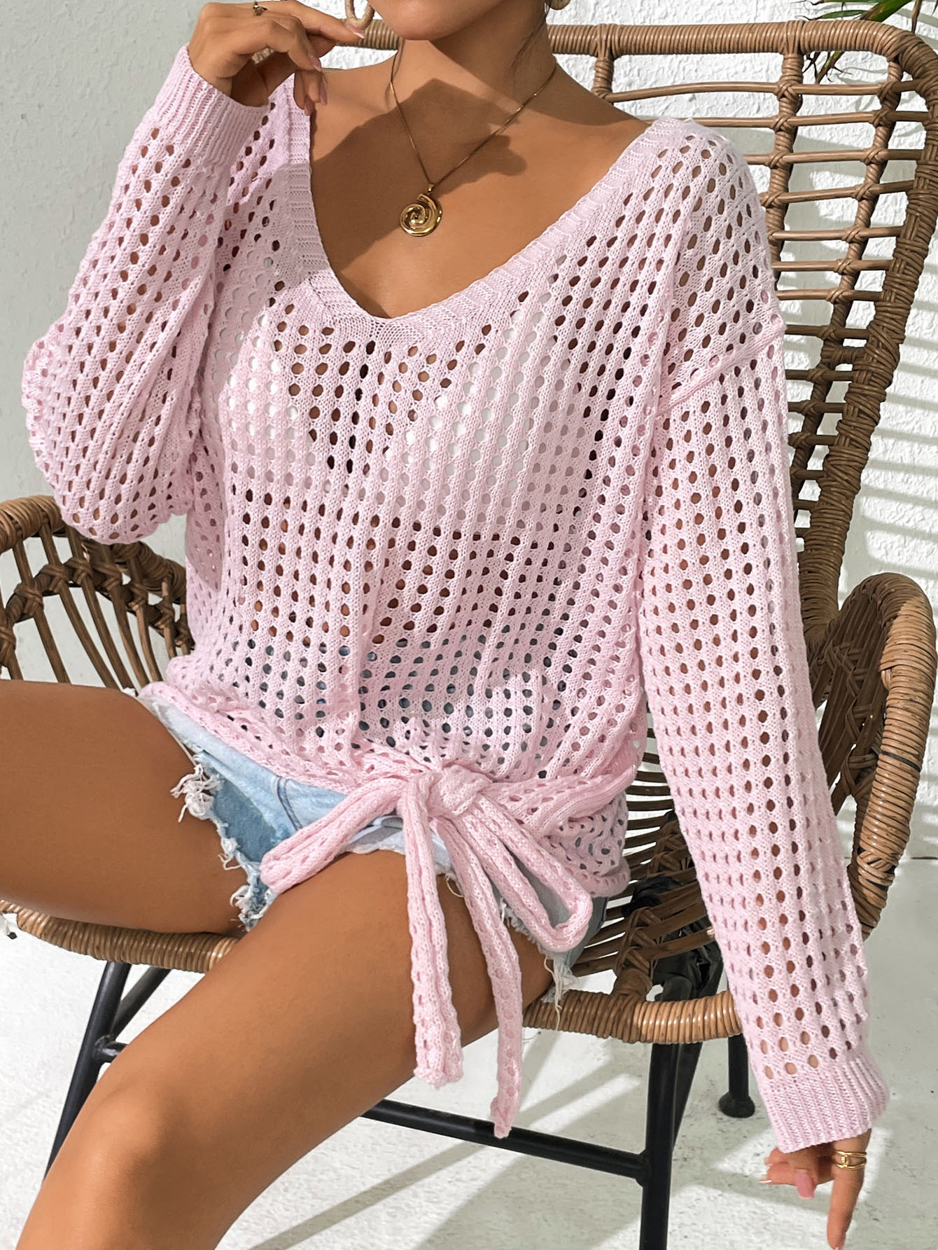 Women's V-Neck Hollow-Out Knit Sweater with Tie Bow Long Sleeve Pullover