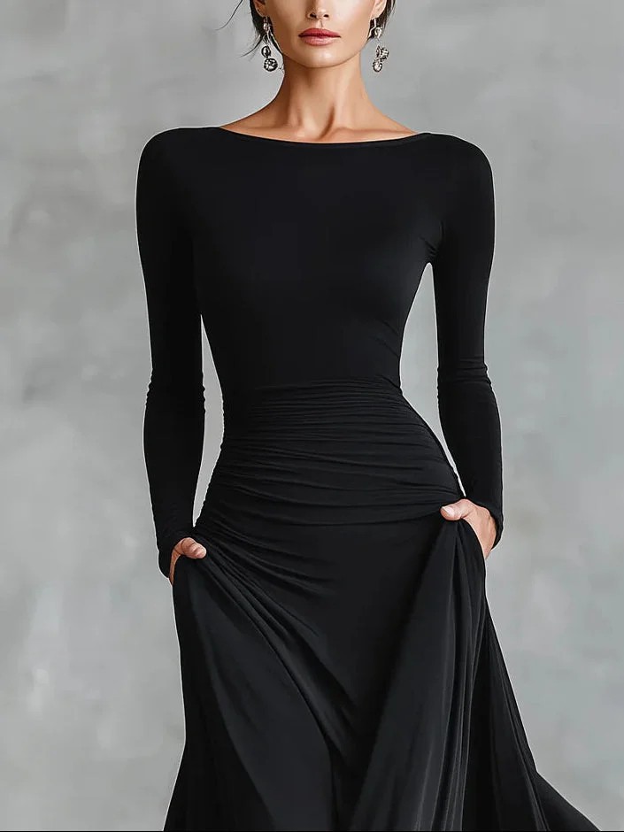 Women's Solid Color Wrap Boat Neck Long Sleeve A-Line Dress