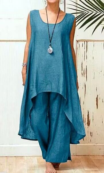 Women's Cotton-Linen Sleeveless Two-Piece Wide-Leg Pants Set