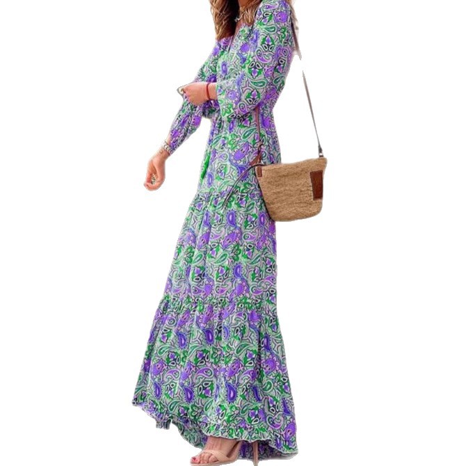 Women's V-Neck Long Sleeve Bohemian Maxi Dress