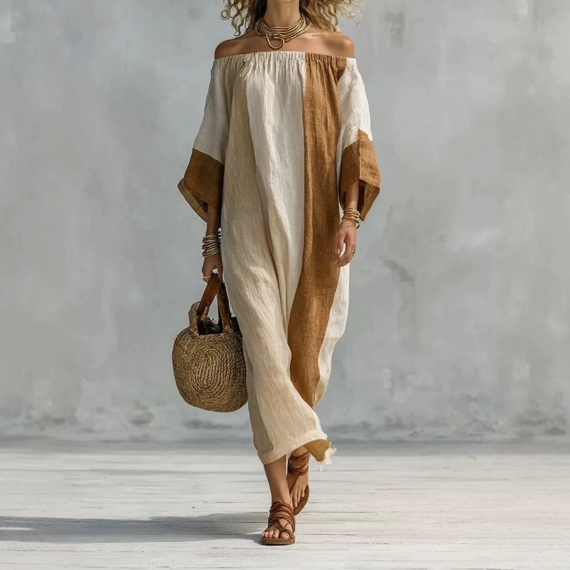 Women's Off-Shoulder Color-Block Long Dress Casual Loose Fit