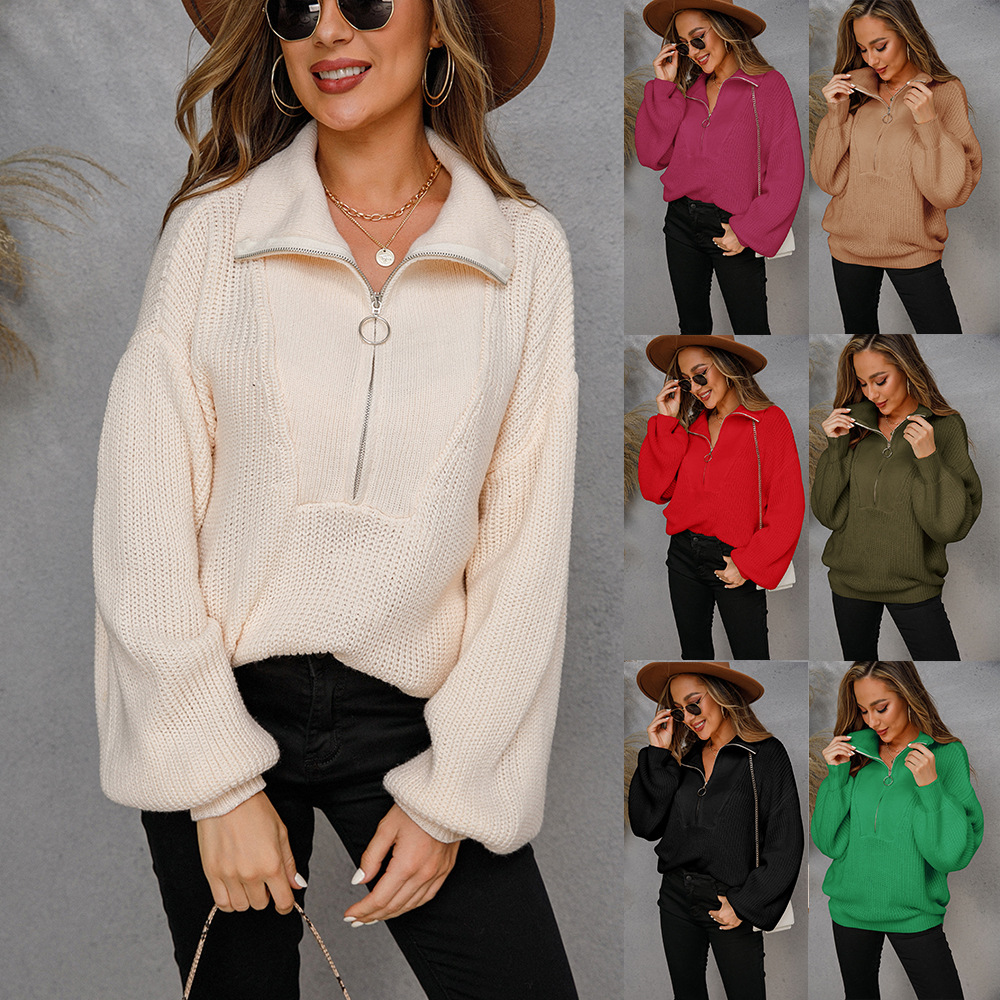 Women's Zip-Up Knit Sweater with Collar, Solid Color, Loose Fit