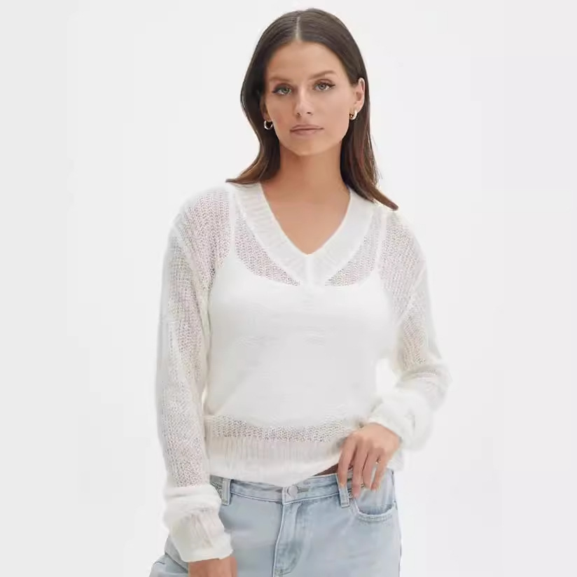 Women's Sheer V-Neck Long-Sleeve Top in Solid Colors